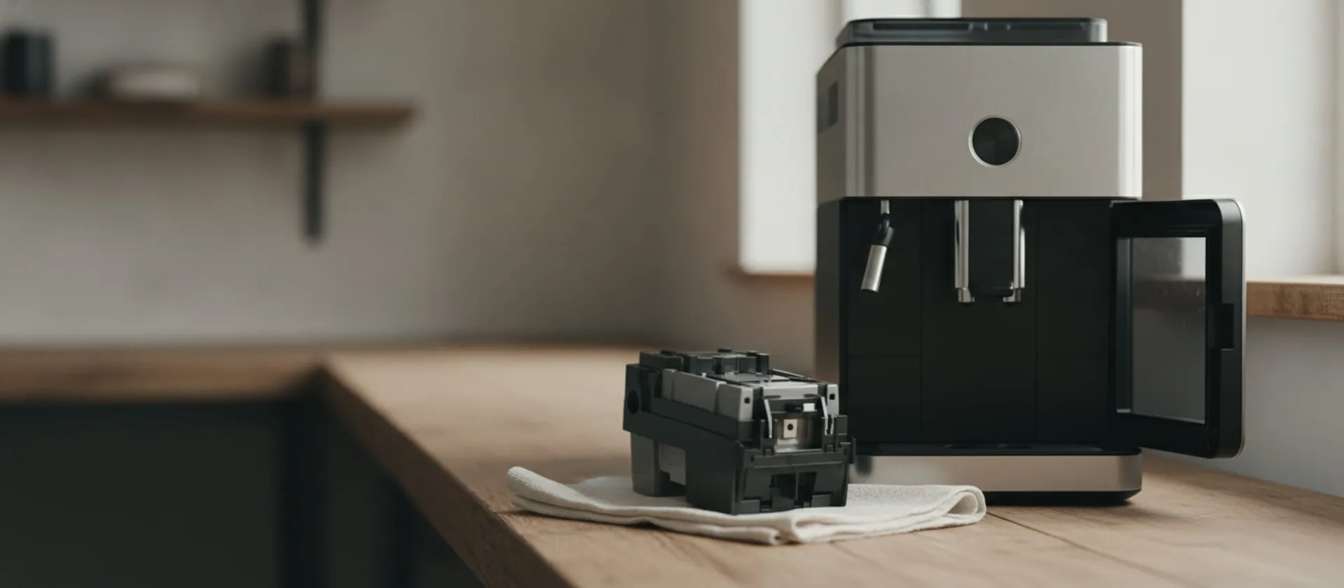 A super-automatic coffee machine on a bench with its side service door open and one intact brew unit module resting on a towel beside it