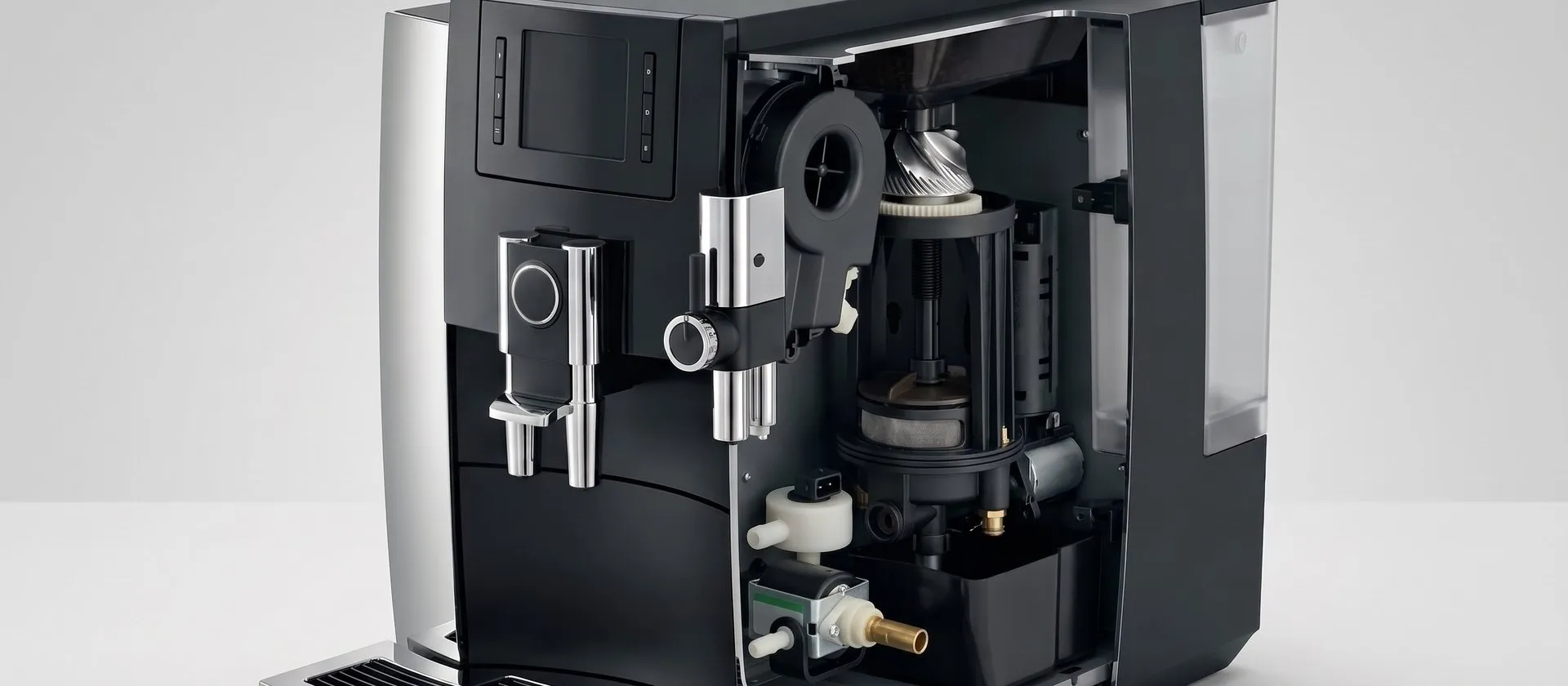 JURA E8 with the left side of the casing cut away, showing the thermoblock, the conical burrs, the brew unit, the pump and the flow meter in place