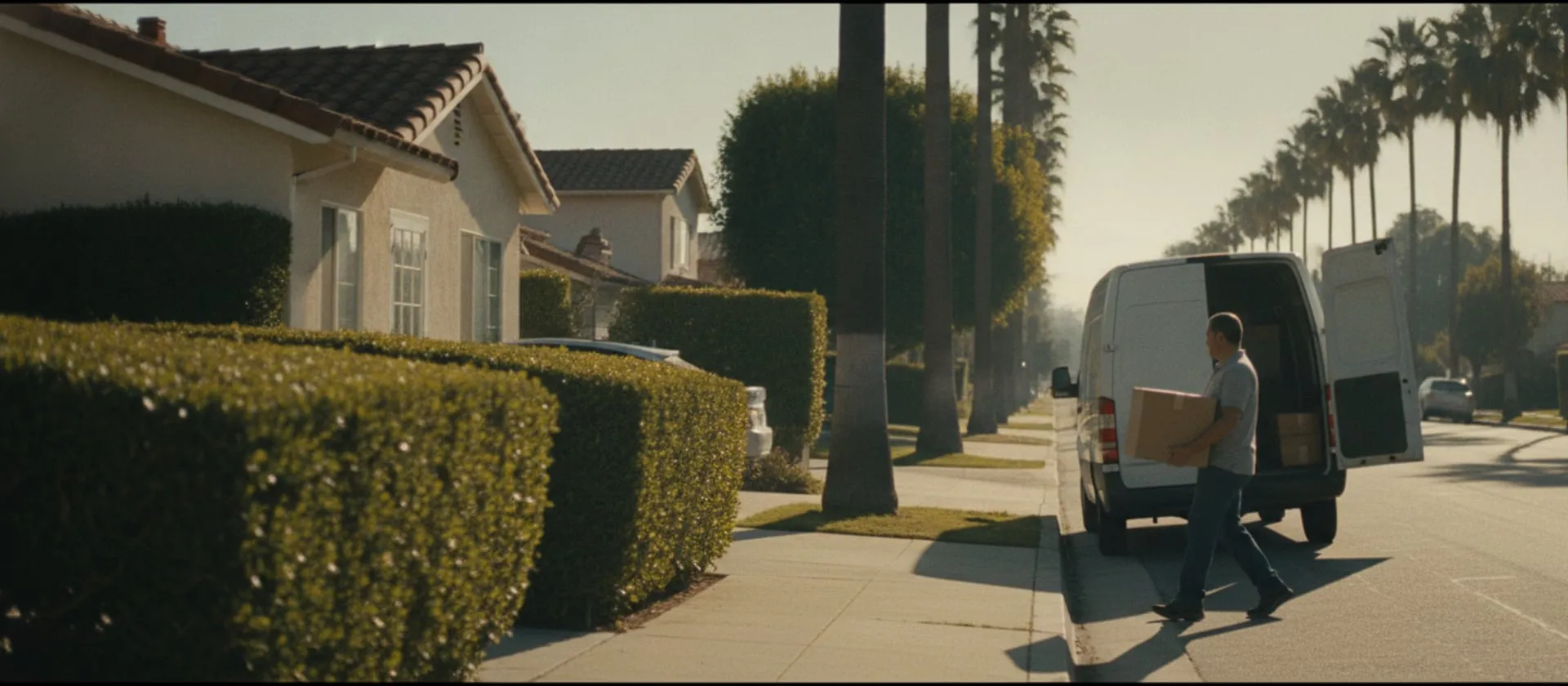 A technician carrying a boxed countertop coffee machine toward a plain white van on a palm-lined stucco street in morning light