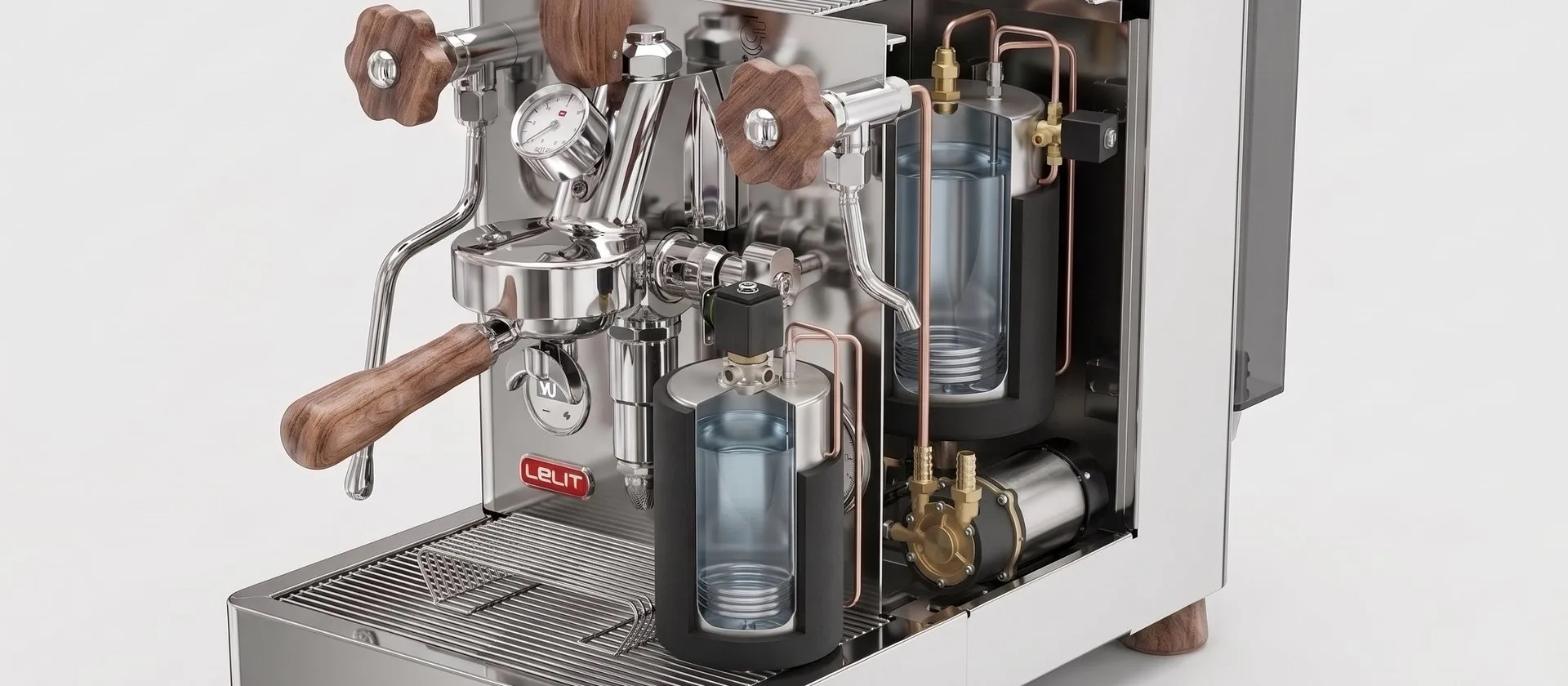Lelit Bianca with the right side of the casing cut away, showing the two insulated stainless boilers with windows cut into them, the brew solenoid, the rotary pump below, the external tank behind and the E61 group with its paddle on the front