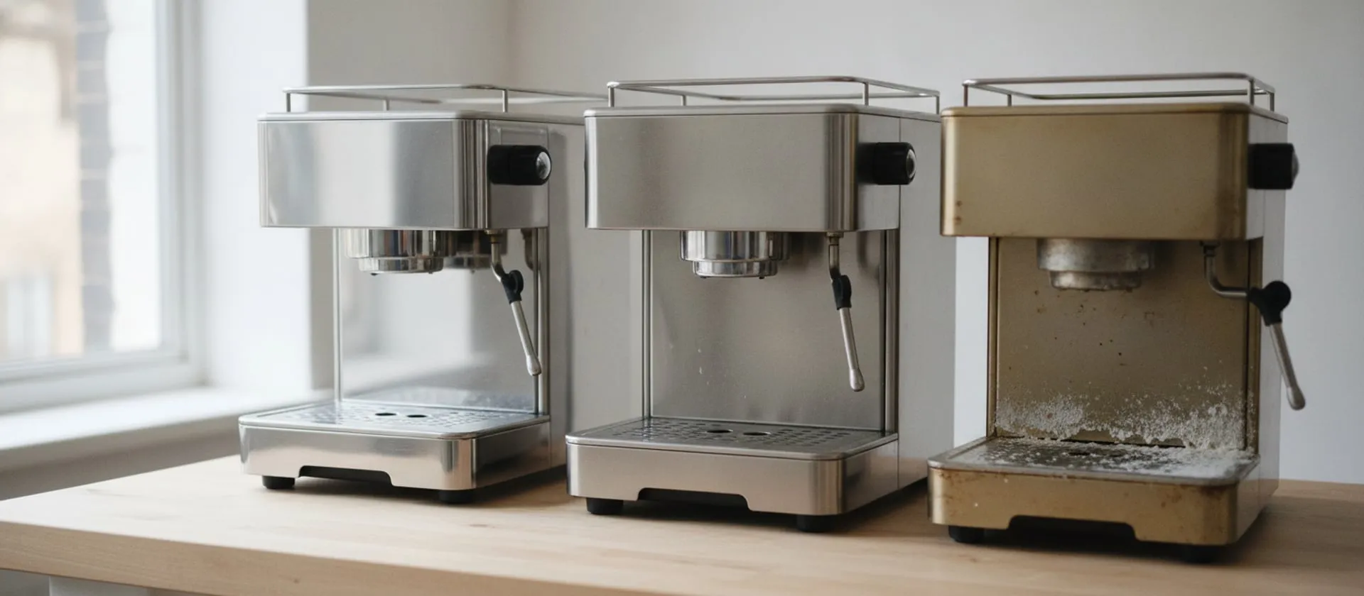 Three home espresso machines lined up on a workbench, one showroom-clean, one lightly worn, one with white scale staining at the drip tray