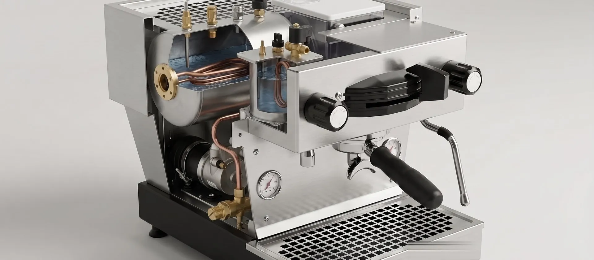 La Marzocco Linea Mini with the left side of the casing cut away, showing the horizontal steam boiler with a window cut into it, the small integrated group boiler standing on the group behind the paddle, the rotary pump and motor below, the expansion valve behind the drain box and the reservoir at the back