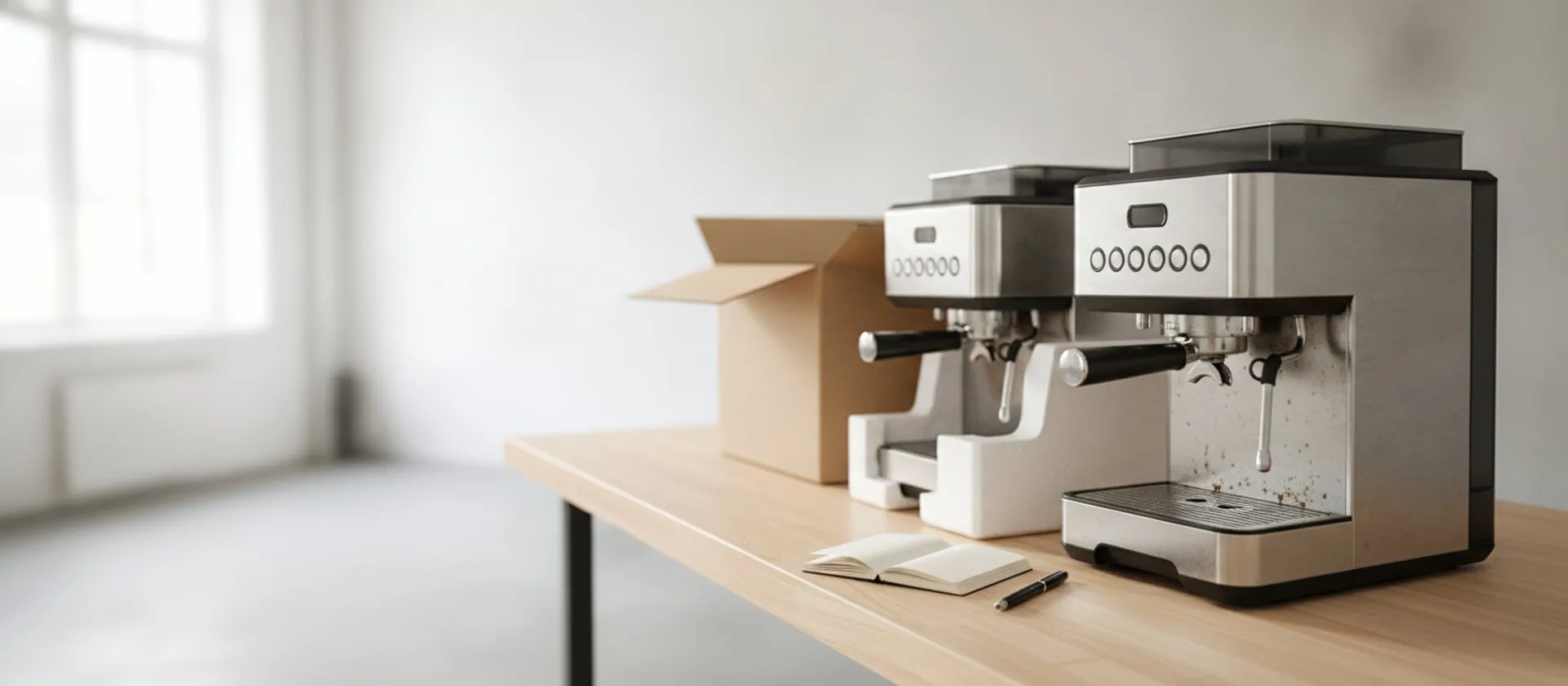 A used stainless home espresso machine on a workbench beside a new machine still in its opened shipping carton, with a notebook between them