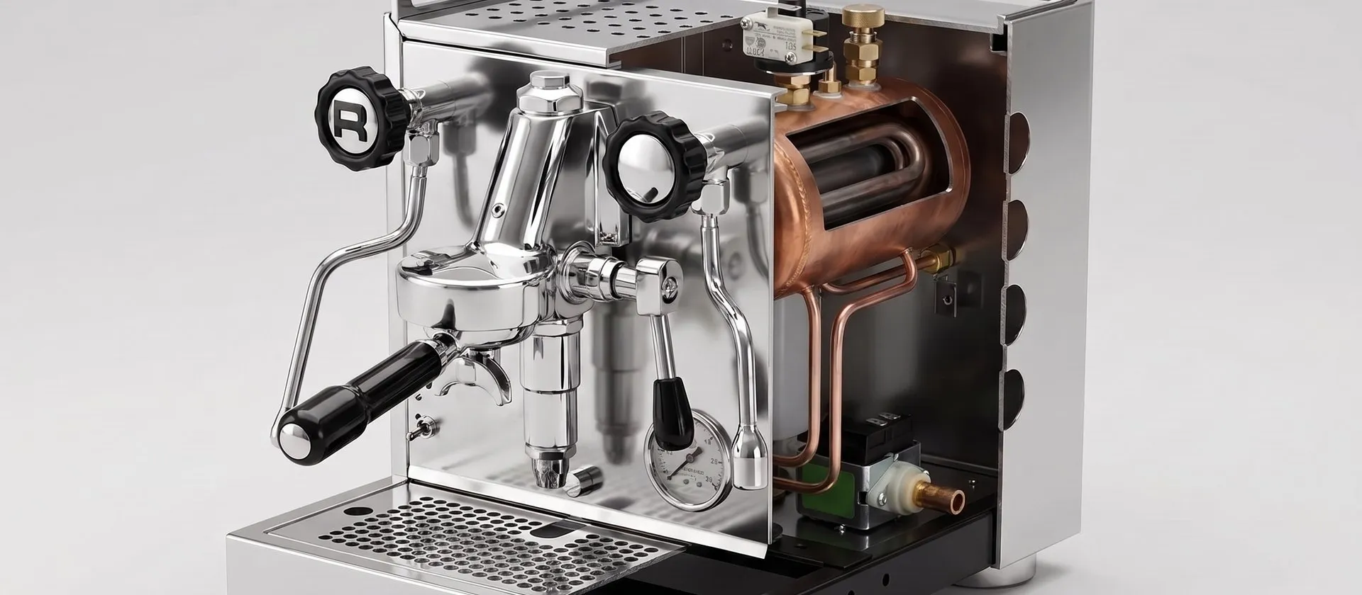 Rocket Appartamento with the right side of the casing cut away, showing the copper heat-exchanger boiler, the pressurestat and valves on top of it, the pump and the expansion valve below, and the E61 group on the front