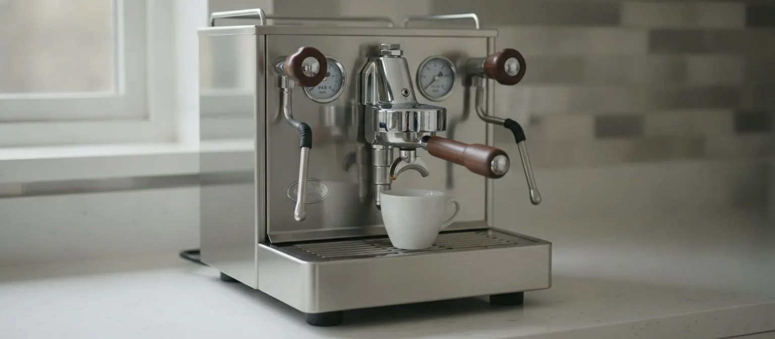 A home dual-boiler espresso machine on a kitchen counter, switched off, portafilter on the drip tray, a cup beside it