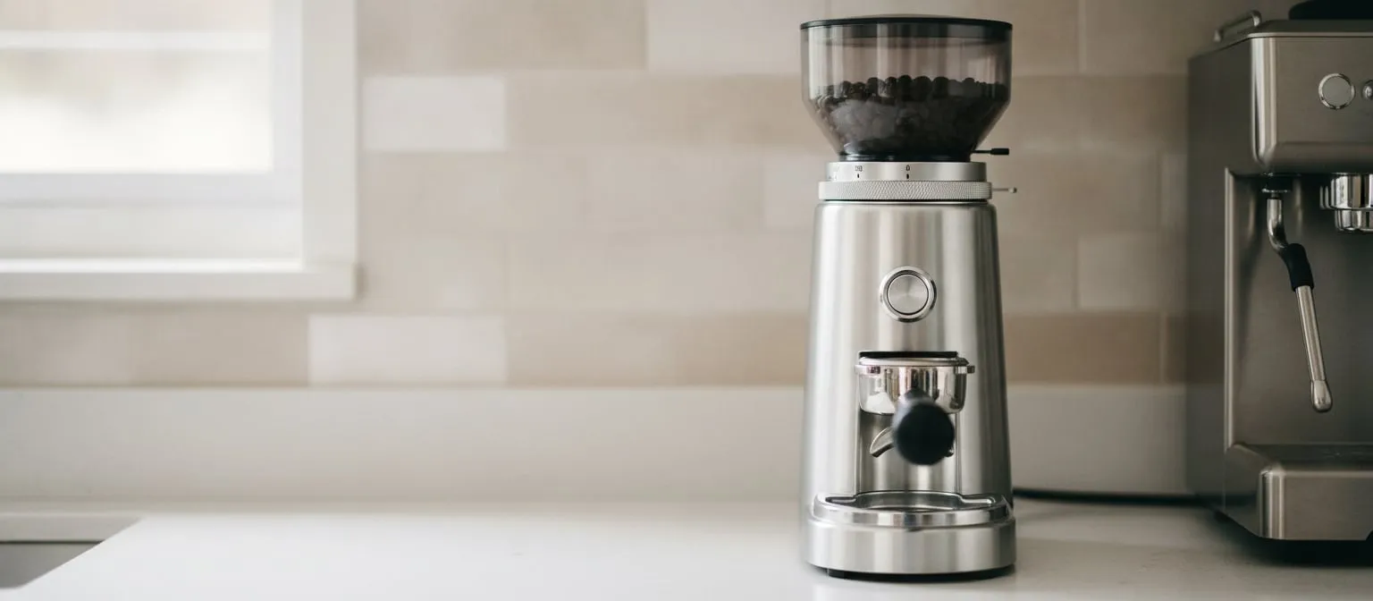 A home espresso grinder standing next to an espresso machine on a kitchen counter, a portafilter on its fork