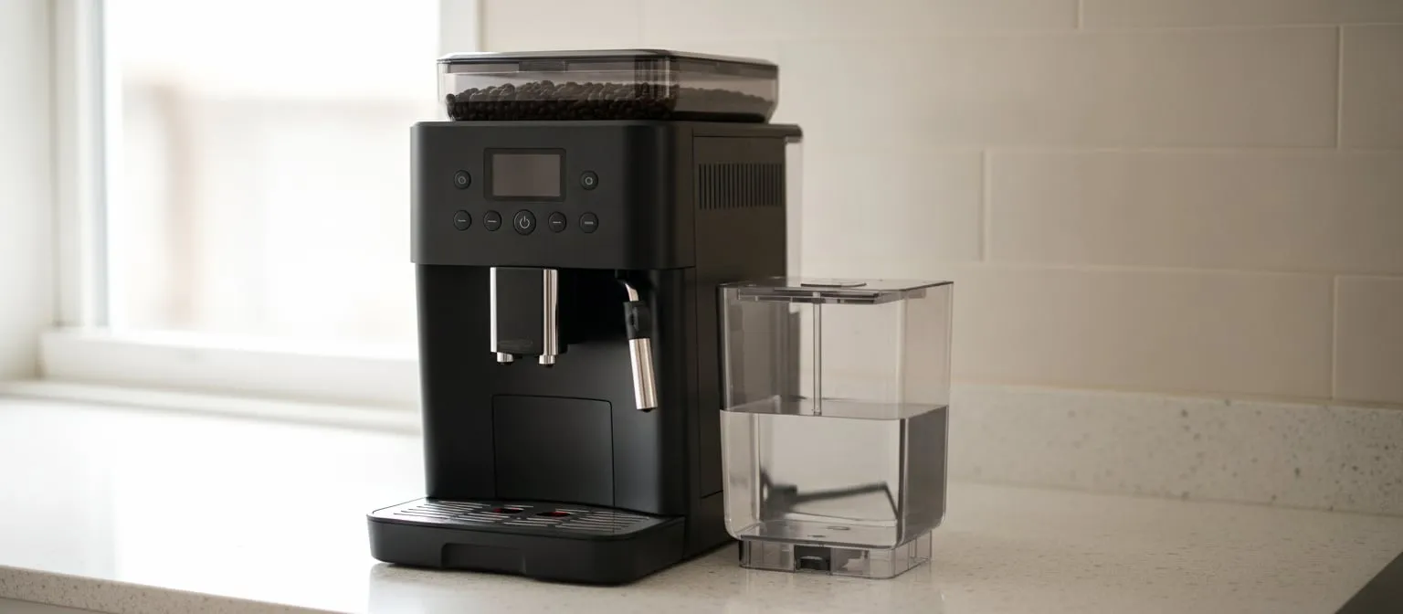 A bean-to-cup super-automatic coffee machine on a kitchen counter with its clear water tank beside it