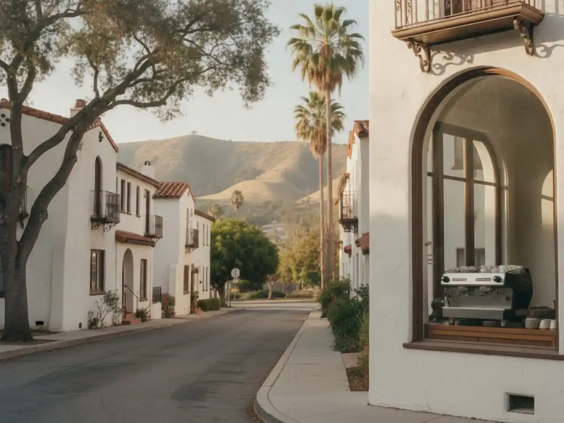 Hollywood: Spanish Revival bungalows under the hills, cafe window with an espresso machine visible
