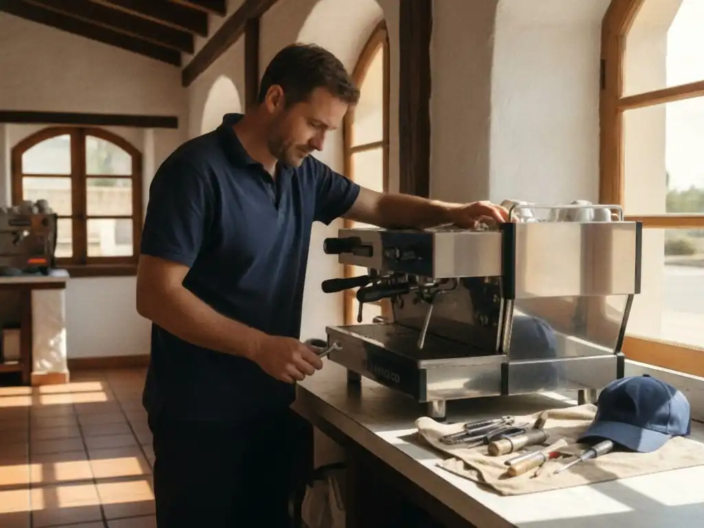 Technician working at an espresso machine in a mission-style roadside cafe in Inland Empire