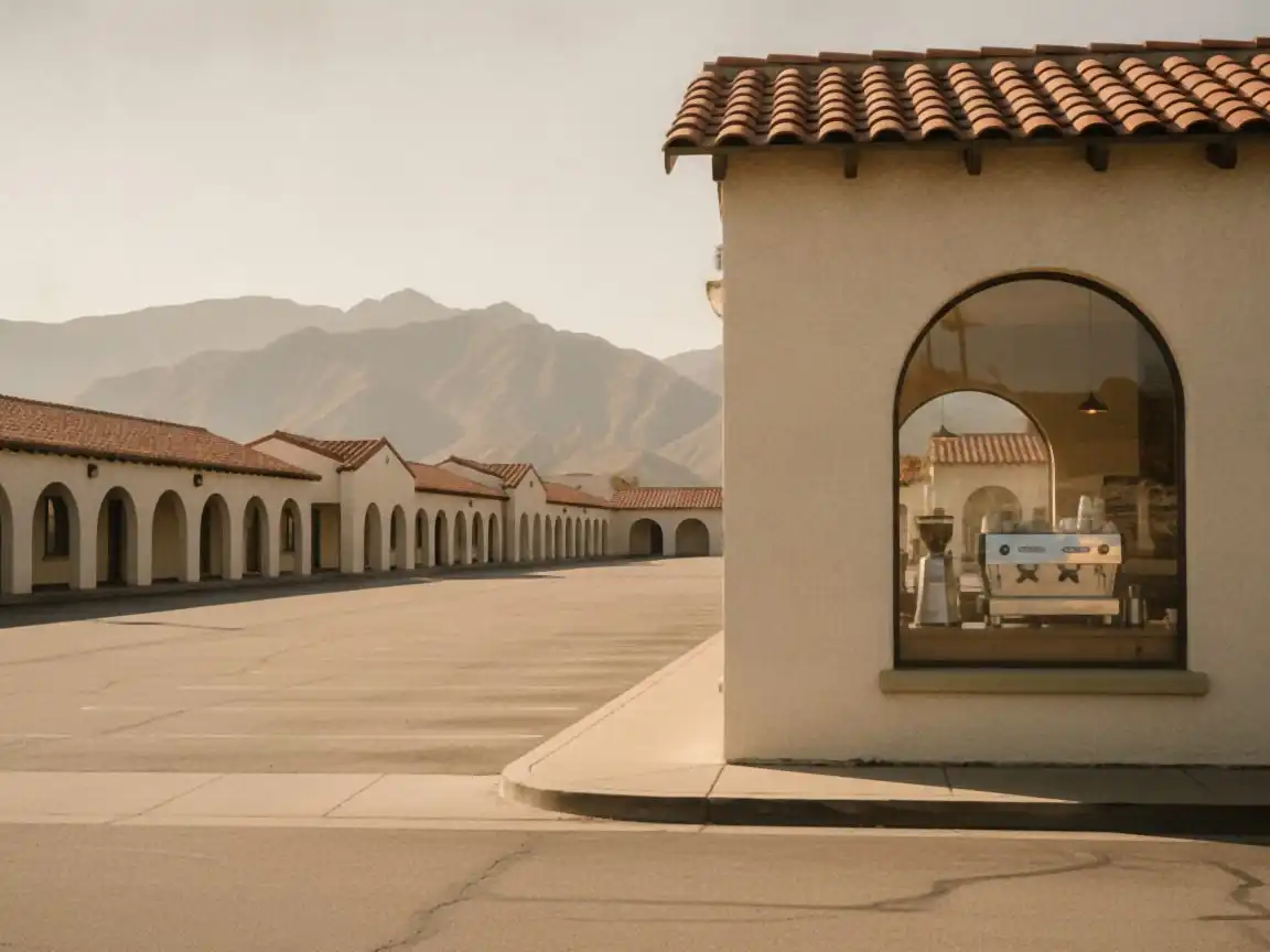 Inland Empire: sun-baked boulevard with Mission-style arcades, mountains behind, cafe window with an espresso machine visible