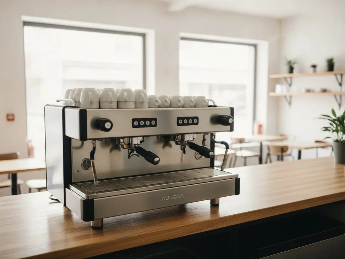 Newly installed two-group commercial espresso machine on a clean wooden bar, cups on top, empty bright cafe