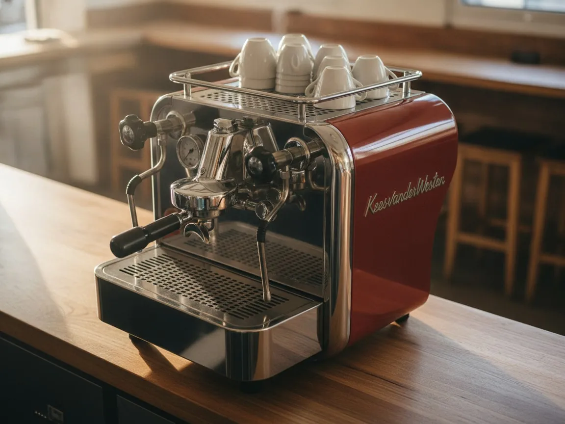 Kees van der Westen Speedster on a cafe bar seen from above, cups on the top tray