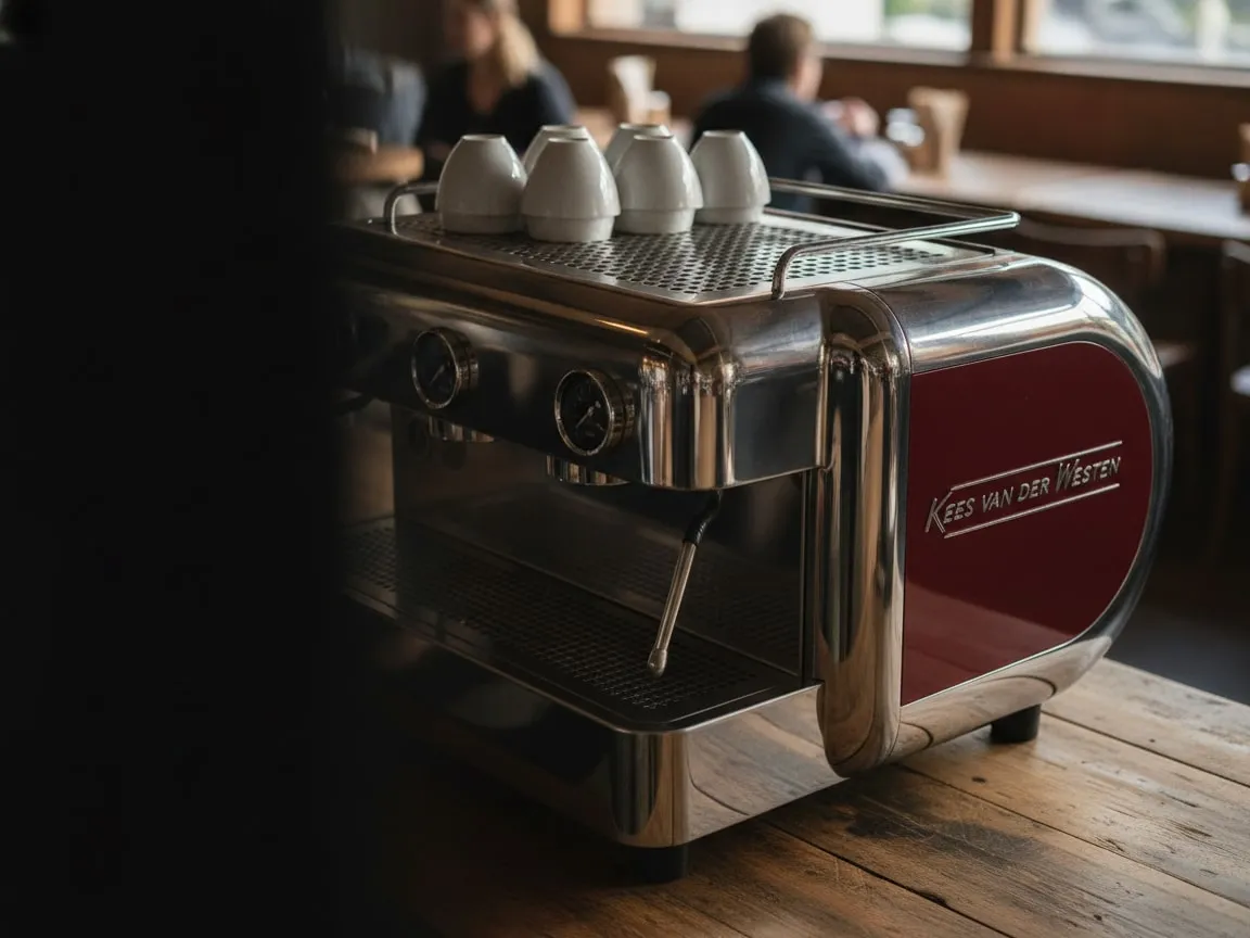 Kees van der Westen Speedster on a cafe bar, three-quarter view, cups on the top tray