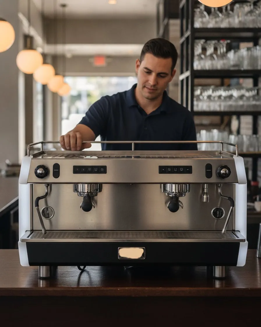 La Cimbali M100 on a restaurant bar, a technician standing behind it with one hand on the cup rail