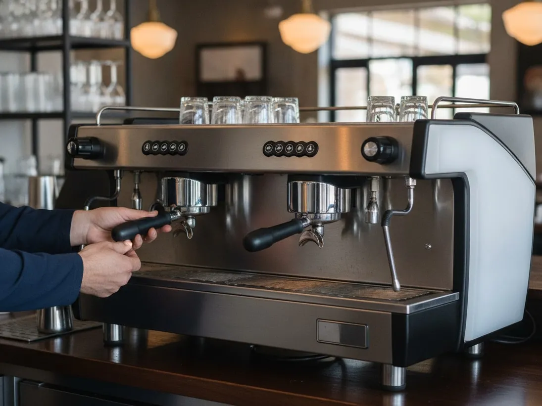 Hands at a La Cimbali espresso machine: one hand locking a portafilter into the group head