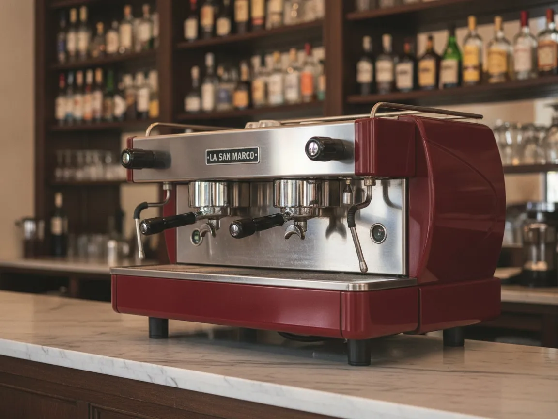 La San Marco two-group espresso machine on a bar counter, portafilters locked in, nobody in frame