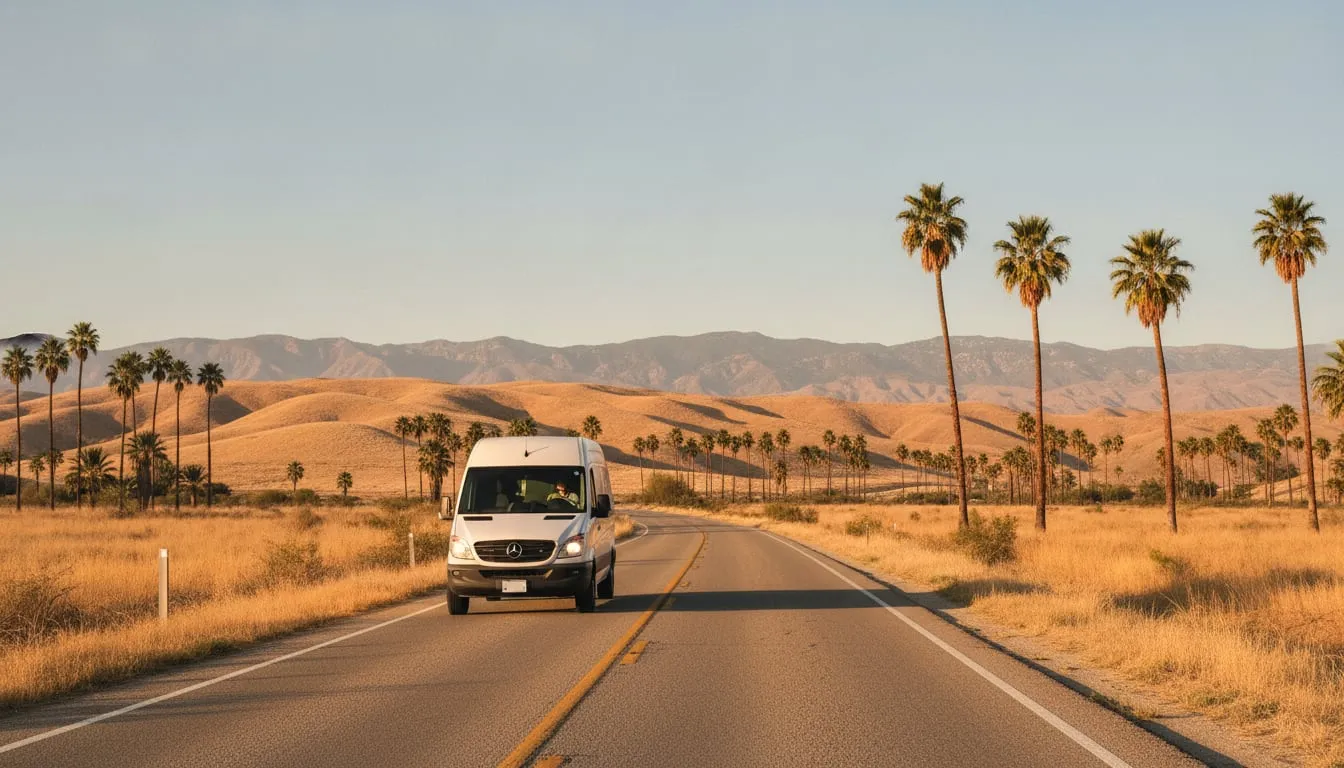 White service van on a two-lane road in Southern California, dry golden hills and mountains behind, palm trees