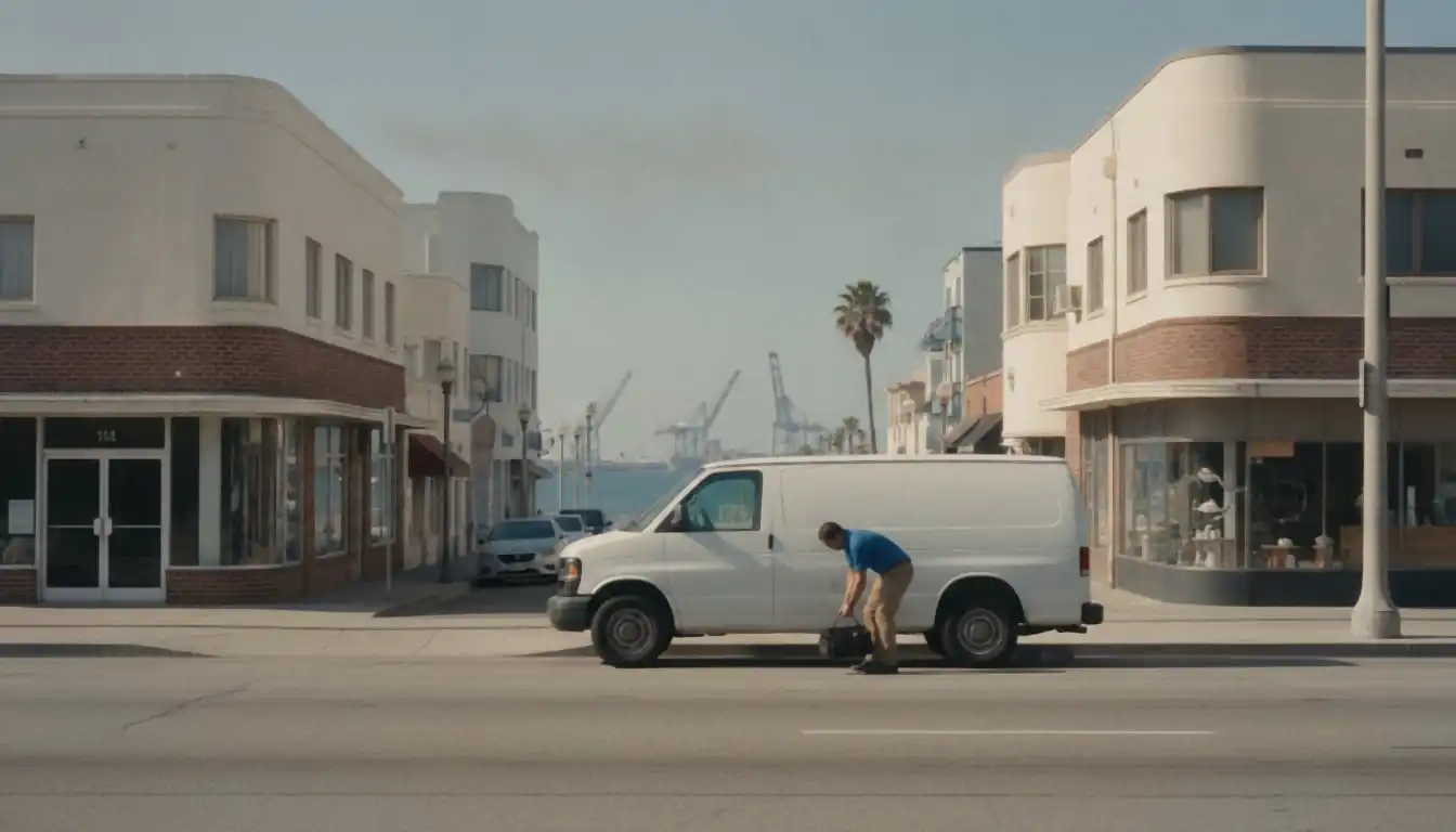 White service van on a wide avenue of brick and Streamline Moderne storefronts, port cranes in the distance, Long Beach
