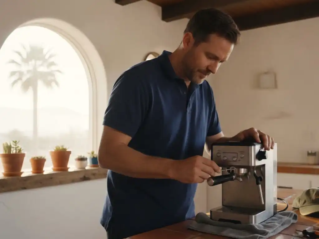 Technician working at an espresso machine in a Spanish-style house kitchen in Los Angeles