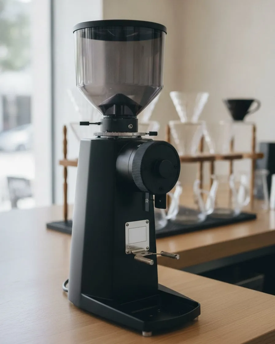 Tall matte-black grinder with a smoked bean hopper, a large round grind dial and a bag holder under the spout, on a cafe brew bar