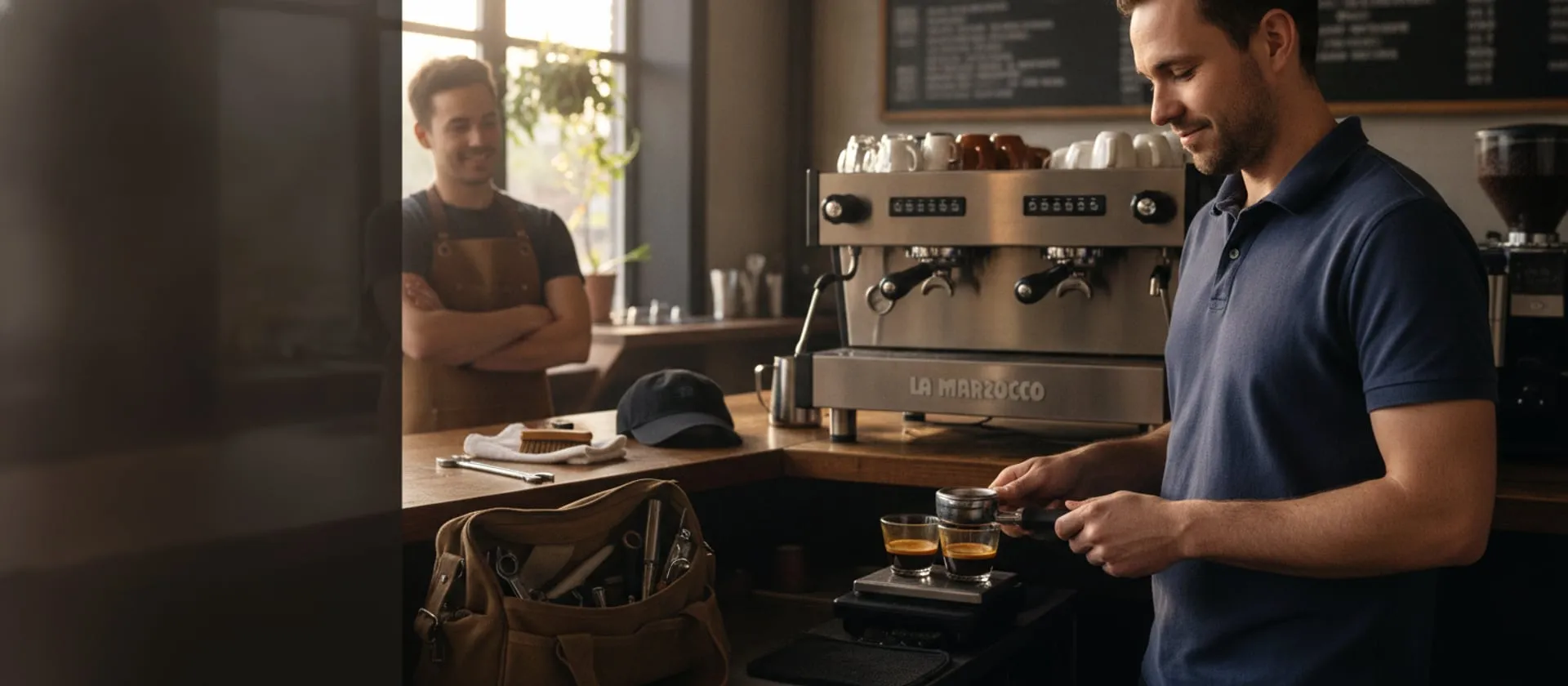 Technician tasting a shot at a cafe bar next to a La Marzocco two-group machine while the barista watches; tool bag on the floor