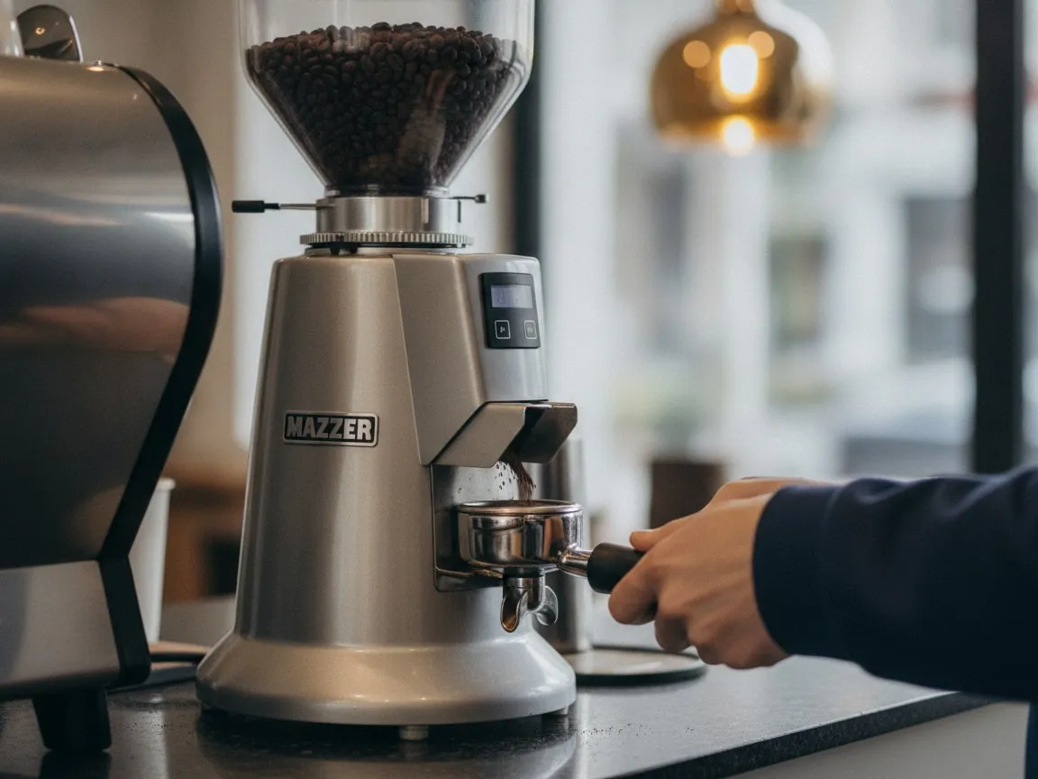 Hands at a Mazzer grinder: a portafilter held in the fork under the chute, ground coffee falling into the basket