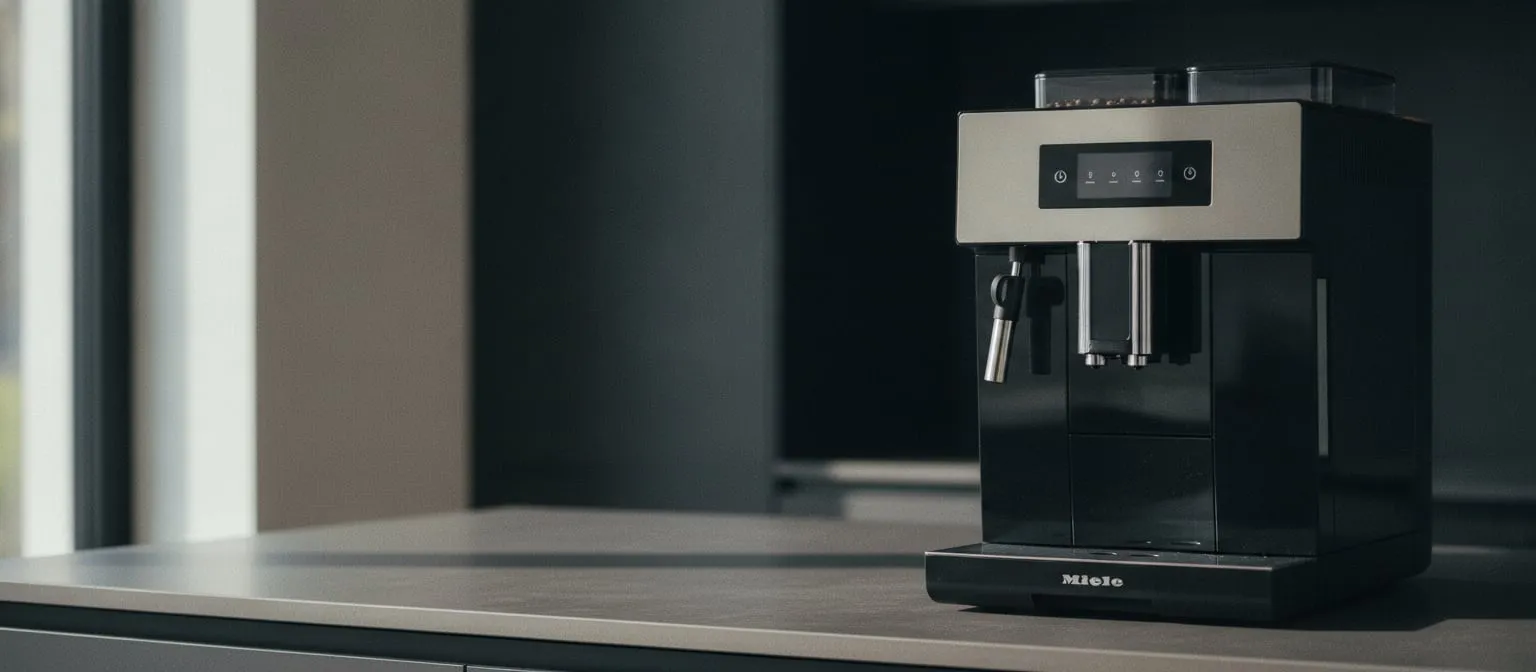 Obsidian black countertop bean-to-cup coffee machine with a stainless steel top panel and a side water tank, standing on a light counter against a dark backsplash
