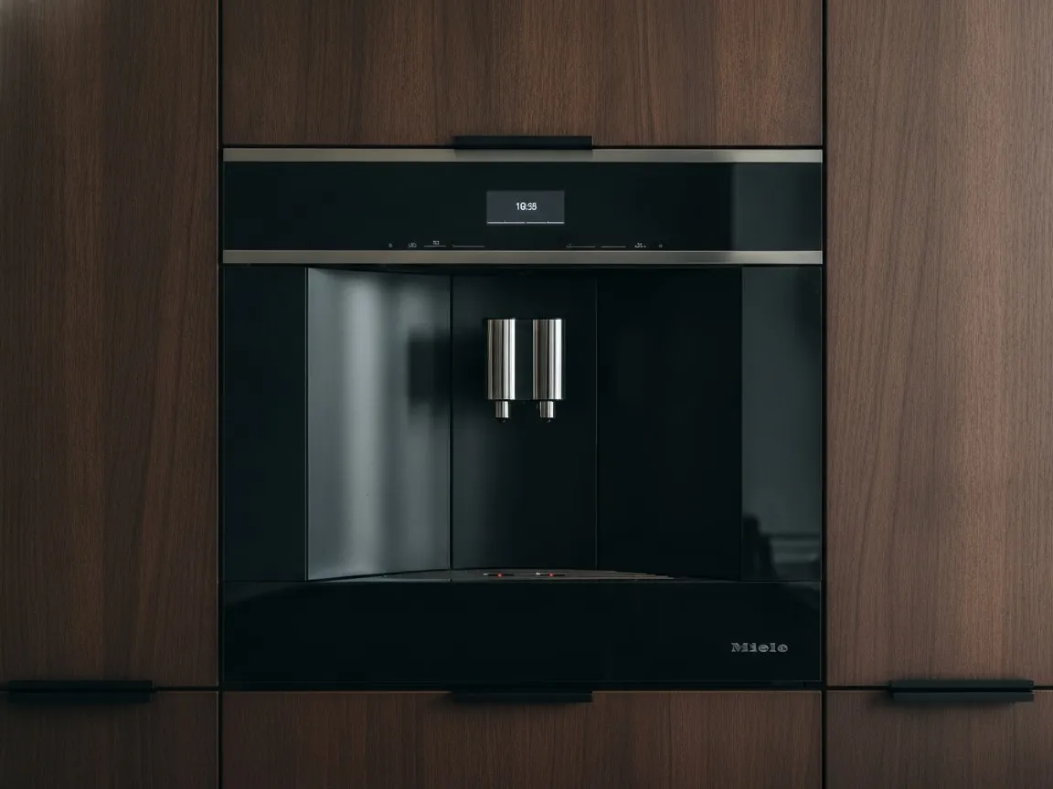 Built-in coffee machine set flush into dark wood kitchen cabinetry behind a slim stainless trim frame, twin dispensing spouts behind a glass front