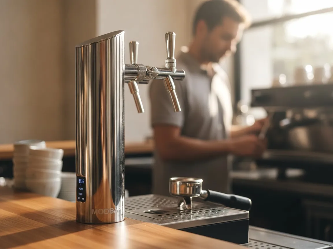 Modbar Espresso AV in sharp focus on a cafe counter; a technician softly out of focus behind it