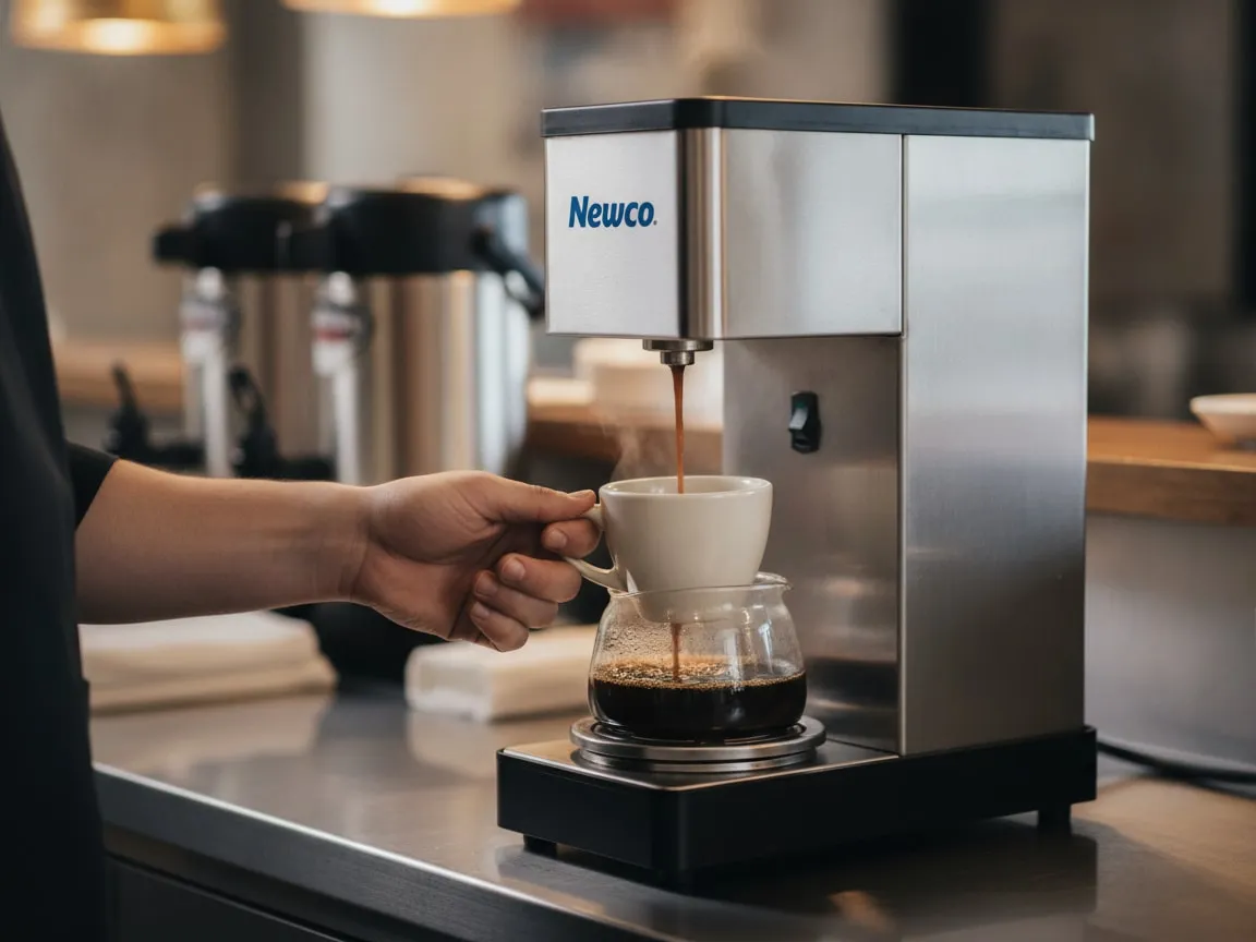 Hand holding a cup under the spout of a Newco AK-LD, coffee pouring