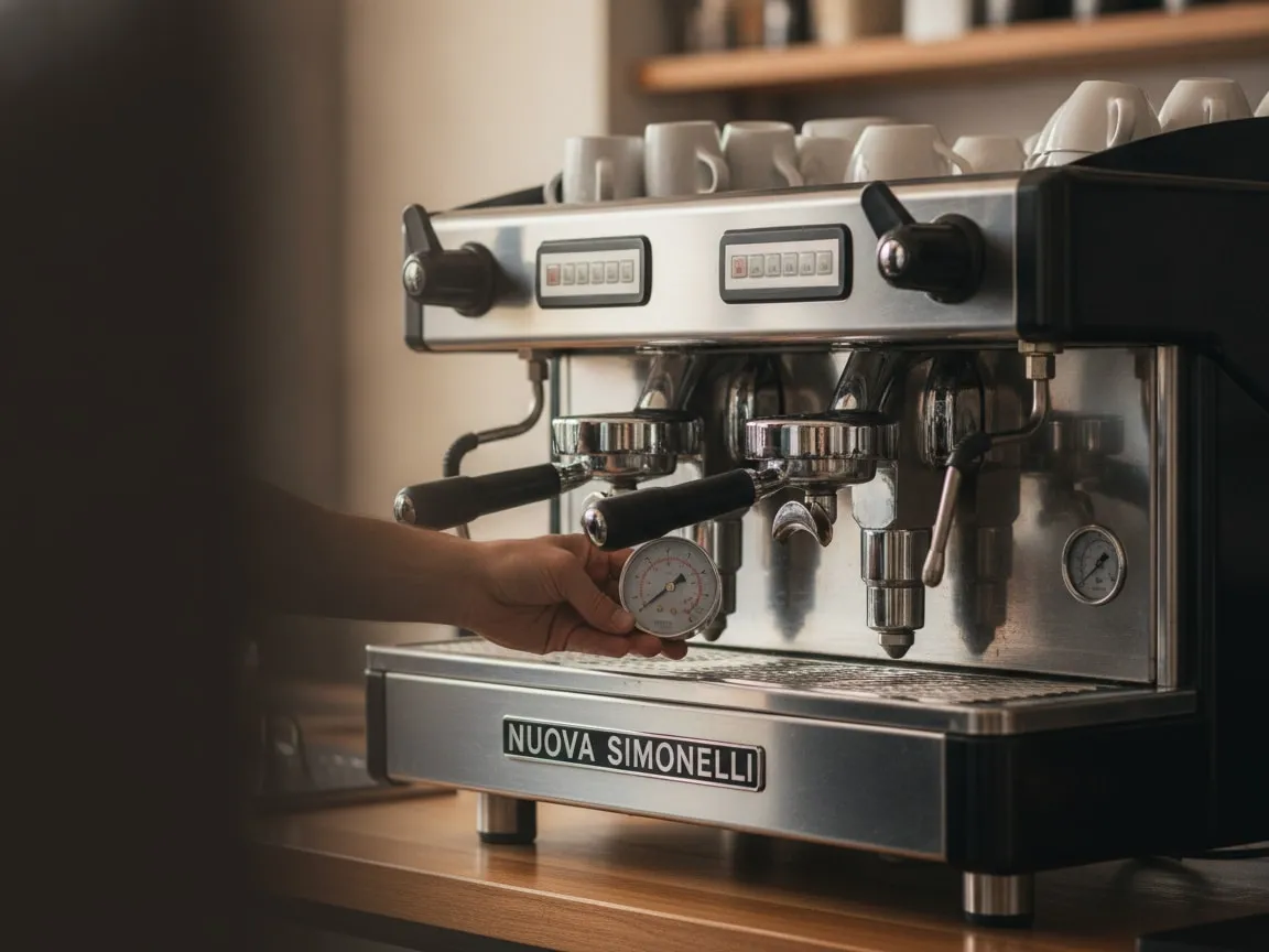 Hand holding a pressure gauge at the group of a Nuova Simonelli Aurelia Wave, needle visible
