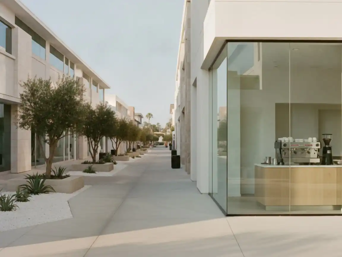 Orange County: glass-and-stone office boulevard in Irvine, cafe window with an espresso machine visible
