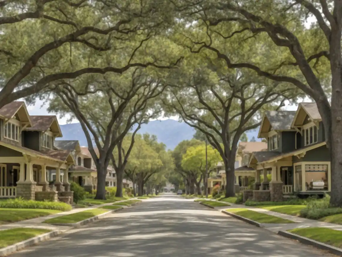 Pasadena: oak-shaded street of Craftsman bungalows, cafe window with an espresso machine visible