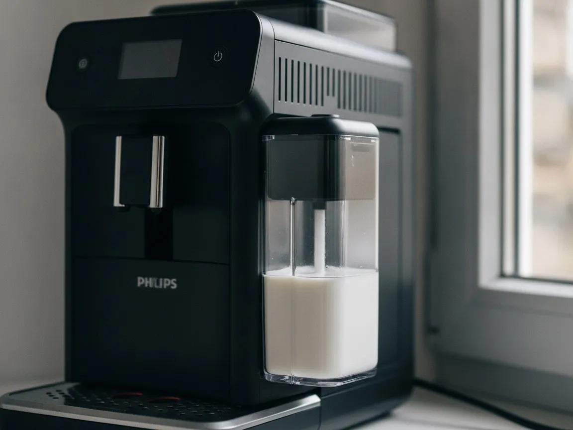 Close view of a clear two-piece milk carafe part-filled with milk, clipped onto the front of a black coffee machine beside the frother arm