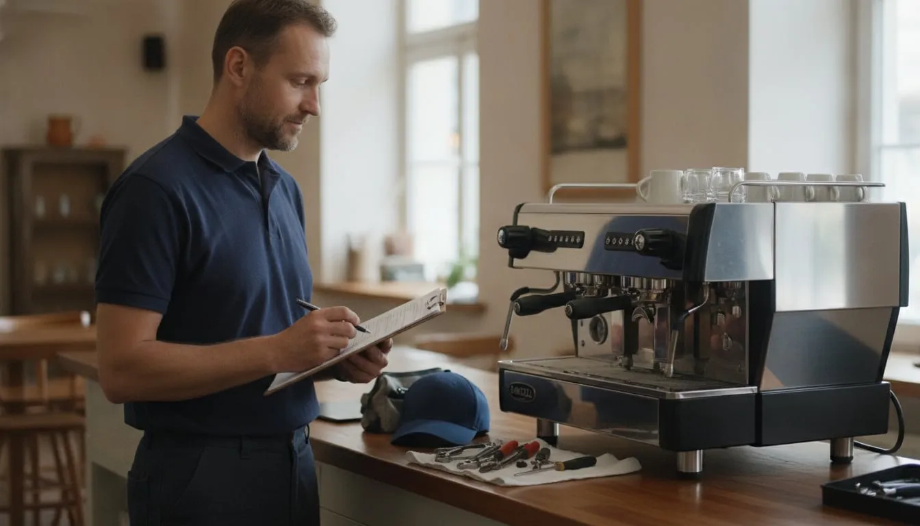 Technician with a clipboard checklist standing next to a two-group commercial espresso machine on a cafe bar
