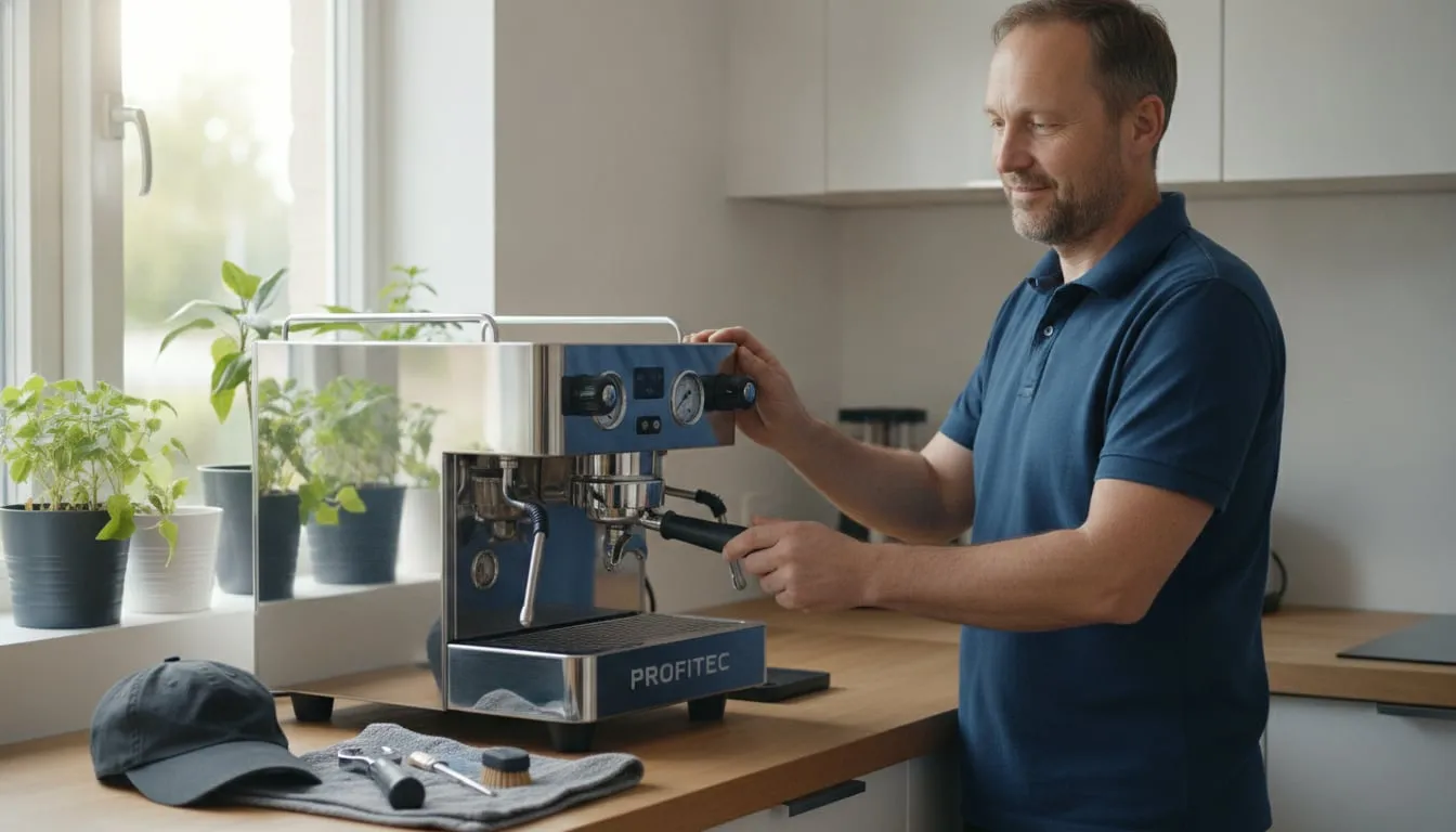 Profitec Pro 700 on a kitchen counter, technician beside it with the portafilter in hand — full figure, machine fully in frame; cap and tools on the counter