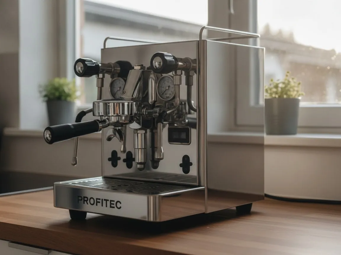 Profitec Pro 700 alone on a kitchen counter, three-quarter view from the left, backlit by a window