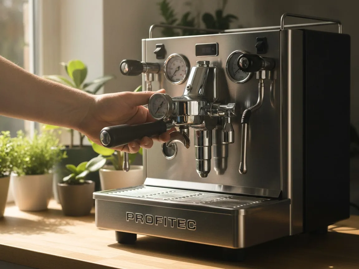Hand holding a pressure gauge at the group of a Profitec Pro 700, needle visible