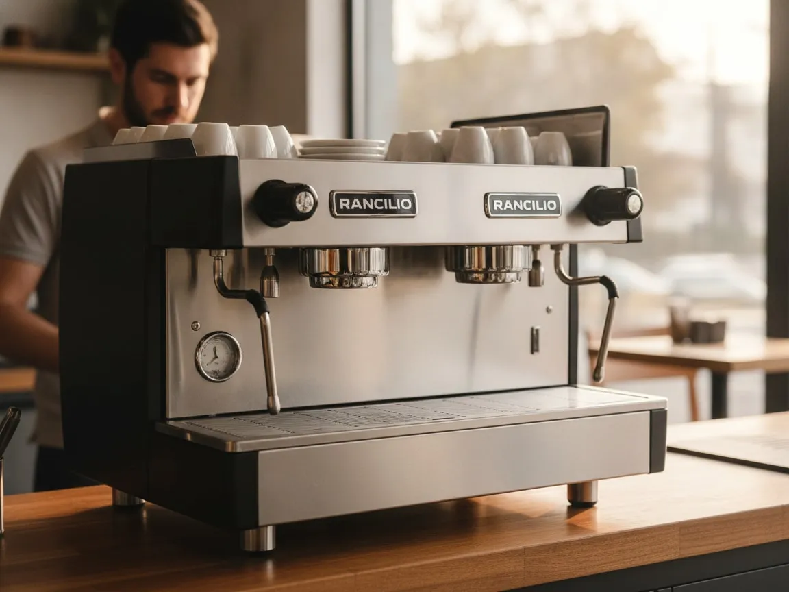 Rancilio Classe 9 in sharp focus on a cafe bar; a technician softly out of focus behind it