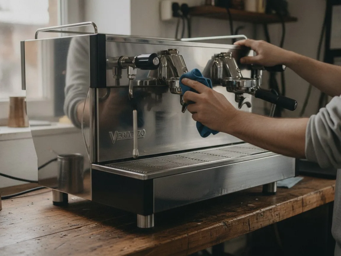 Hands polishing the chrome group of a commercial espresso machine with a cloth on a workshop bench