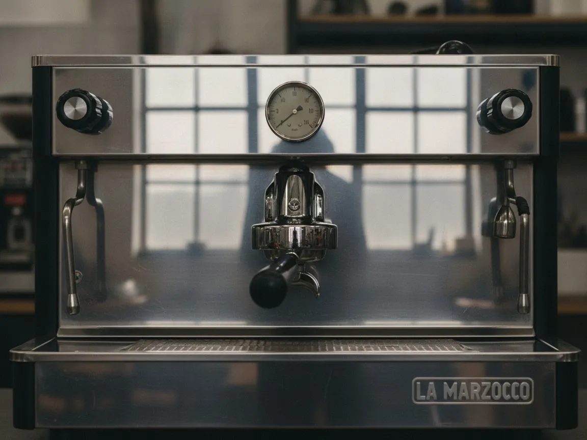 Close-up of a mirror-polished stainless steel front panel of a commercial espresso machine with a chrome group and gauge, window reflections