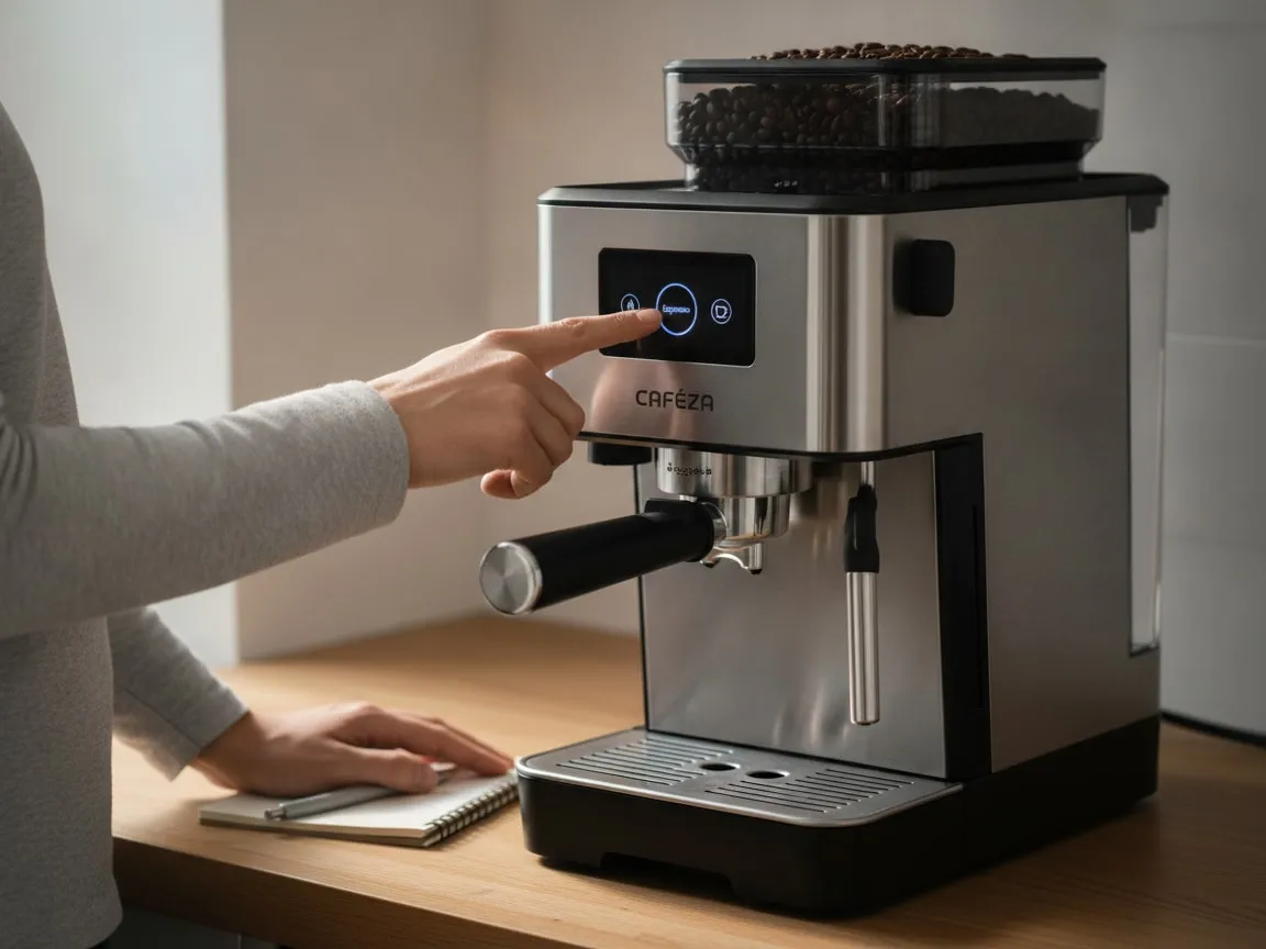 Hand pressing a button on the lit display of a bean-to-cup home espresso machine, notebook beside it