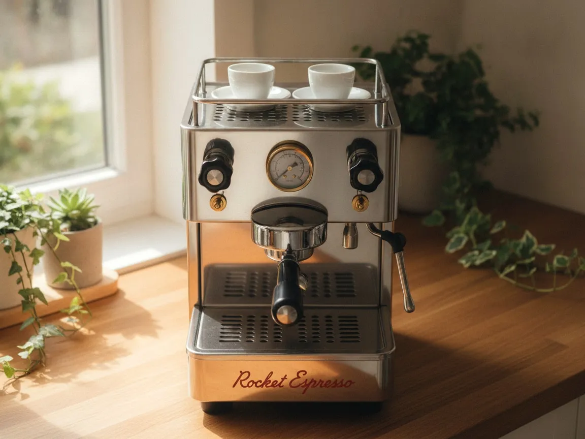 Rocket Appartamento on a kitchen counter seen from above, cups on the top tray