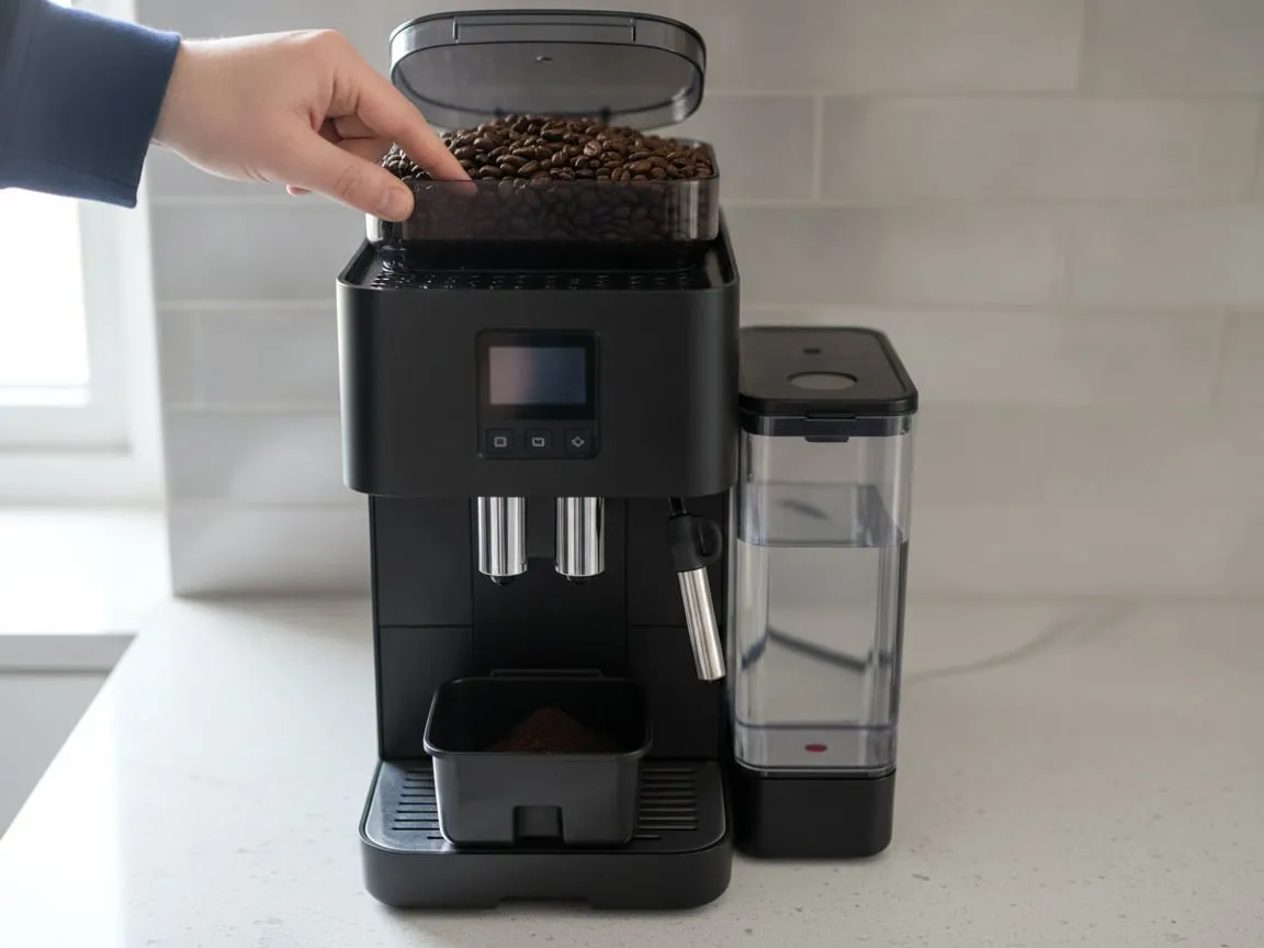 A finger pushing oily coffee beans down into the throat of a bean hopper
