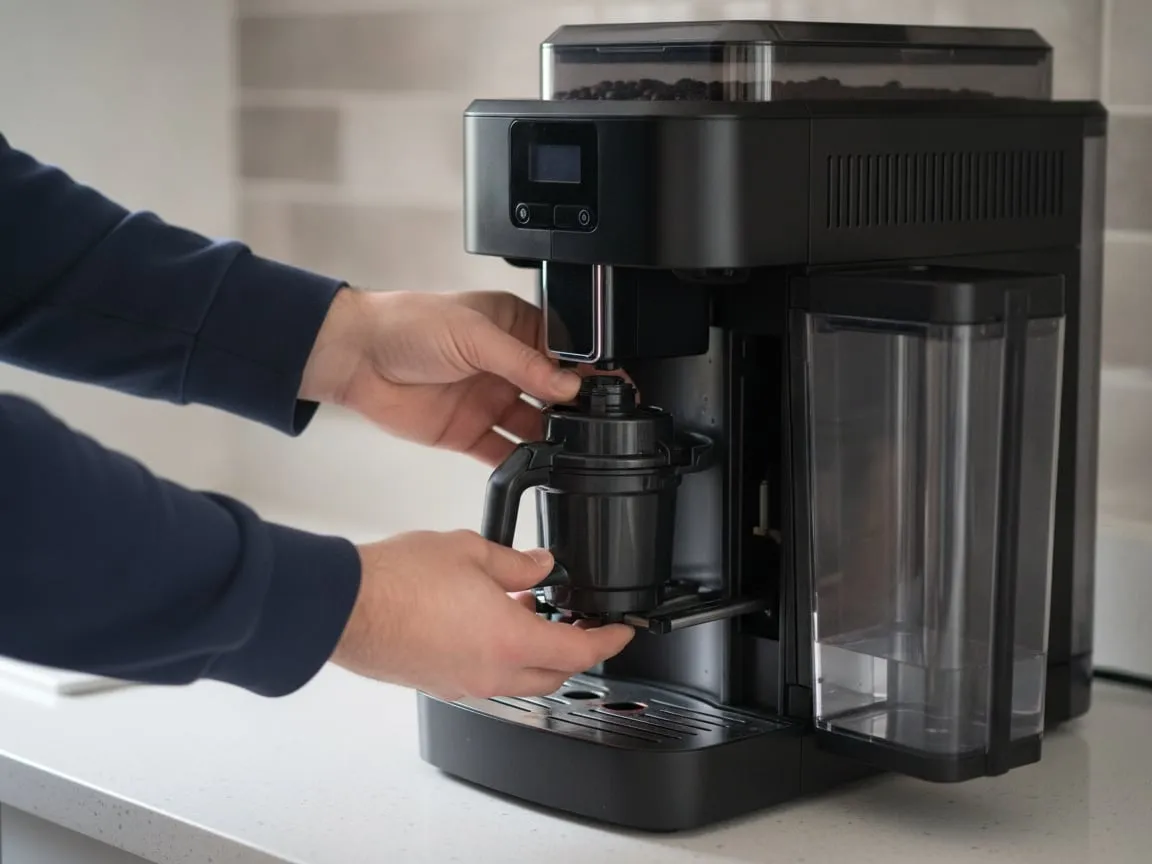 Two hands sliding a brew group into the open service door of a super-automatic coffee machine