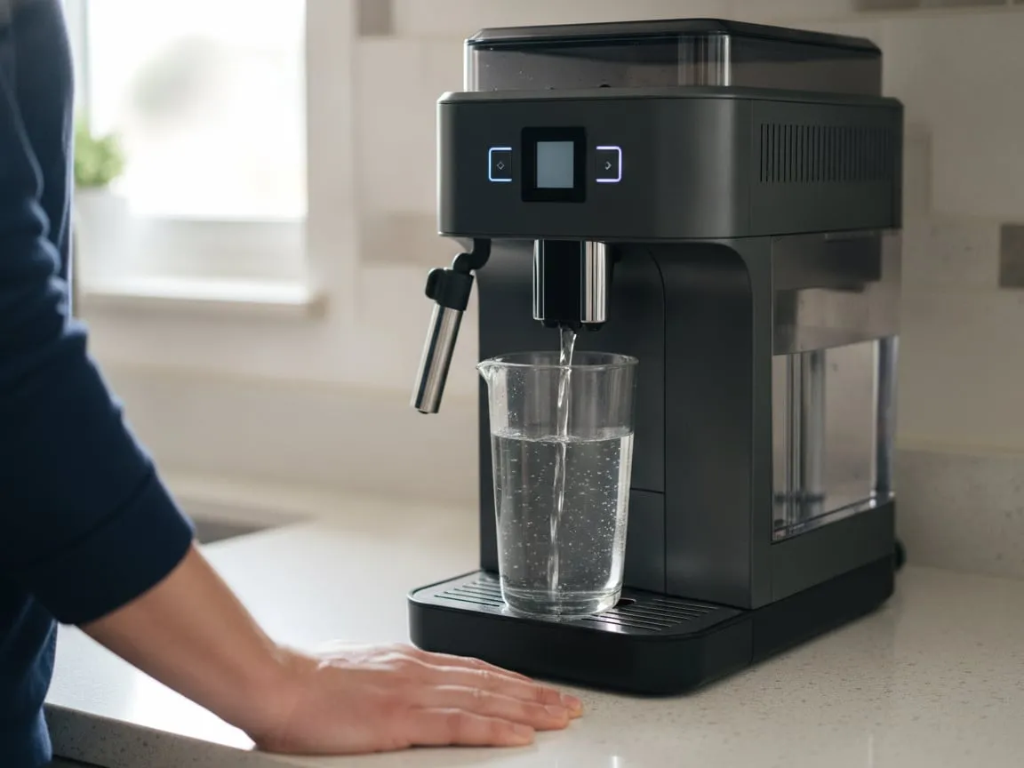 A large jug under the spout of a super-automatic coffee machine during a cleaning cycle, a hand resting on the counter