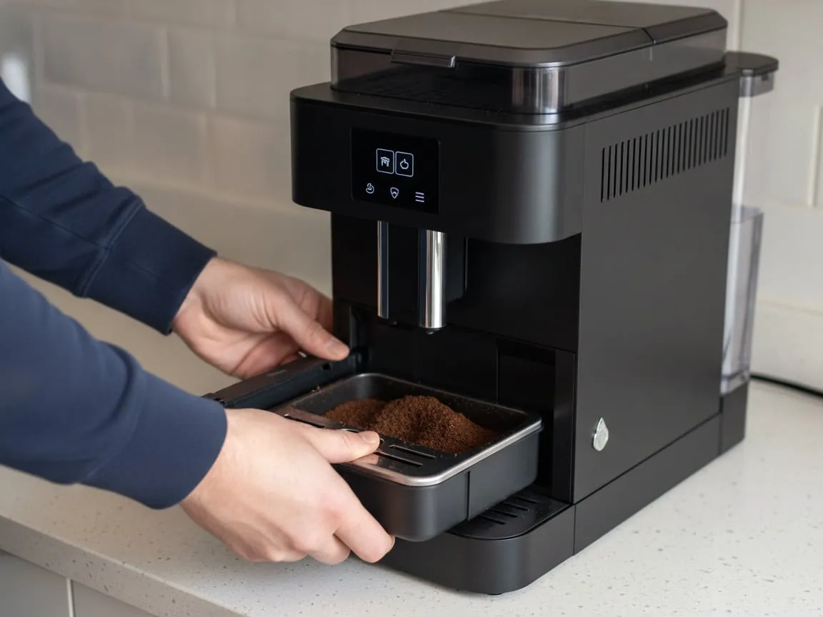 A hand pushing the drip tray with its grounds container fully into the front of a super-automatic coffee machine