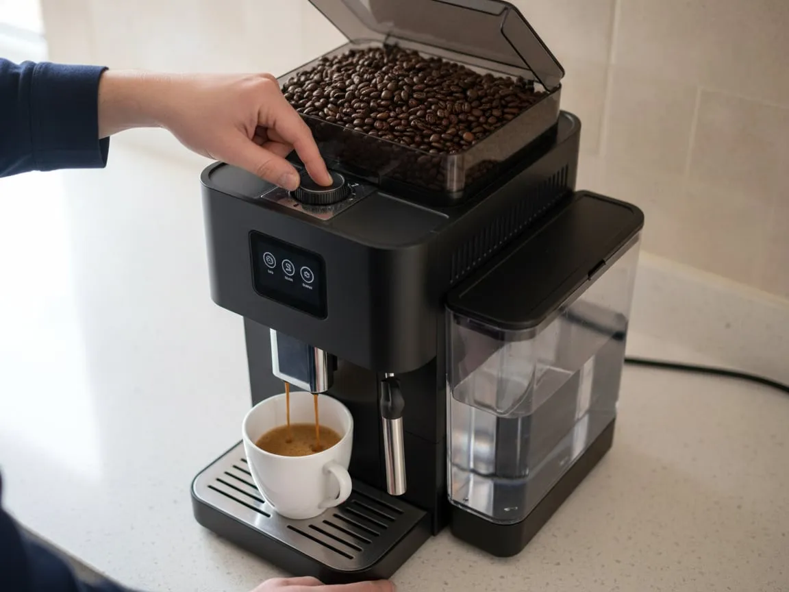 A finger turning the grind adjustment dial inside the bean hopper of a super-automatic while the machine is grinding
