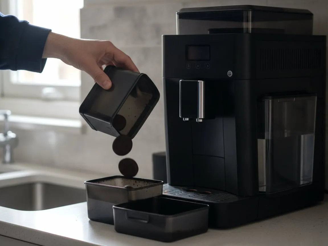 A hand tipping a grounds container into a kitchen bin, spent coffee pucks falling out