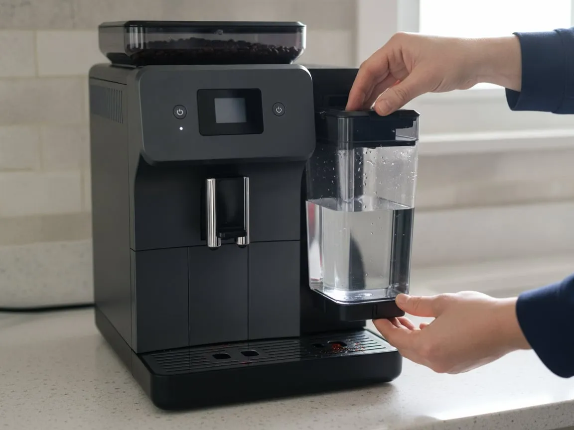 A hand lowering the clear water tank into the side of a super-automatic coffee machine